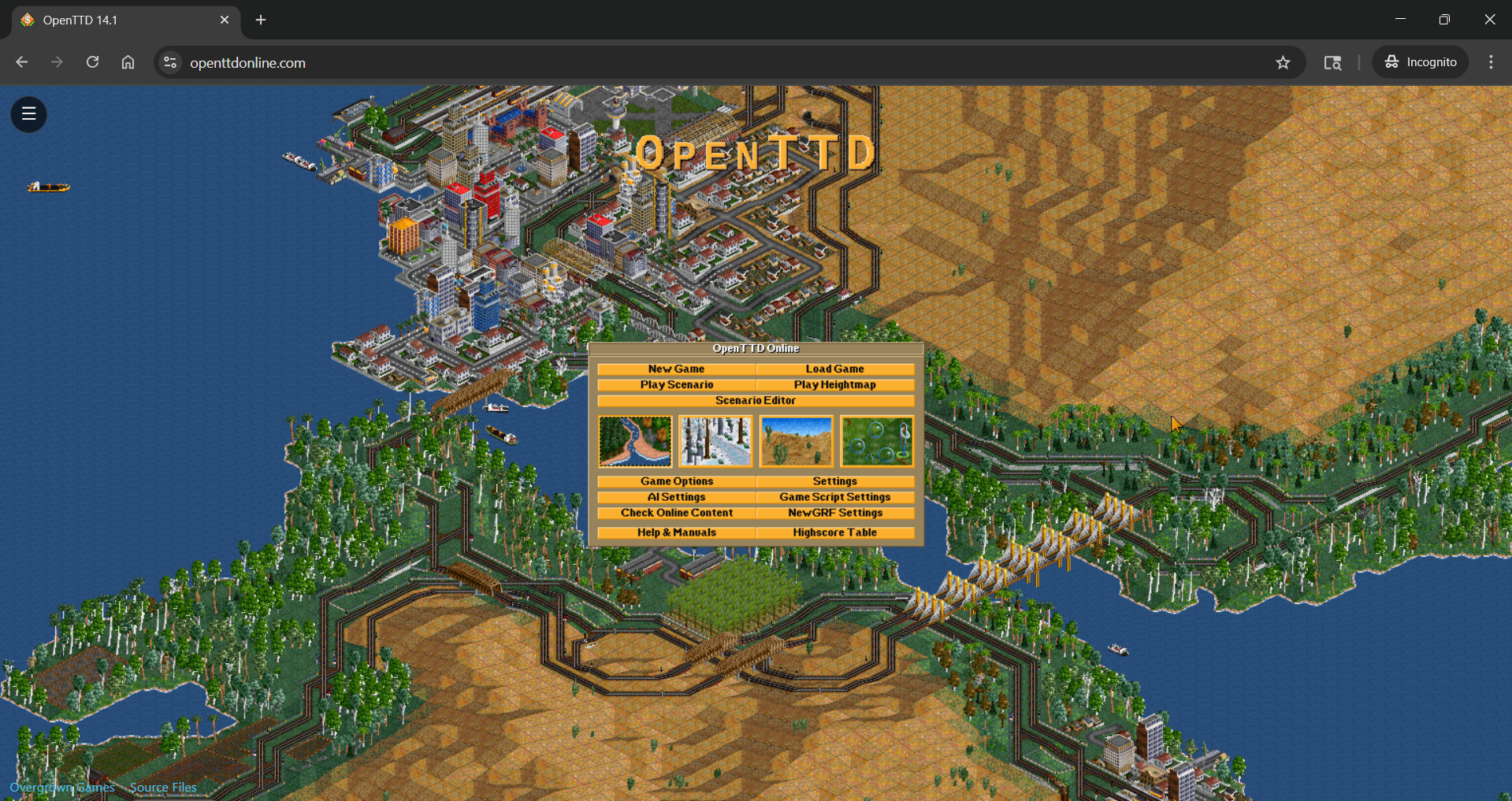 OpenTTD gameplay running in the browser